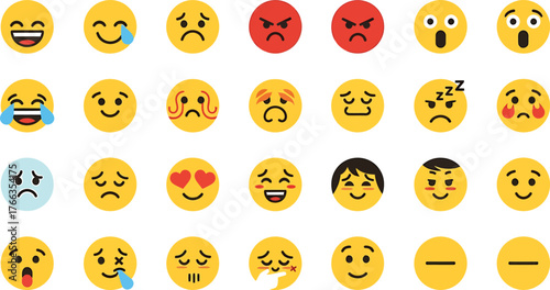Collection of expressive yellow emoji faces showing various emotions isolated on transparent background