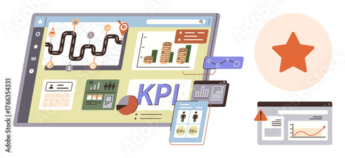 Data dashboard with charts, progress tracking, financial growth graphics, KPI visuals, user statistics, and warning alerts. Ideal for business performance, analytics, strategy management marketing