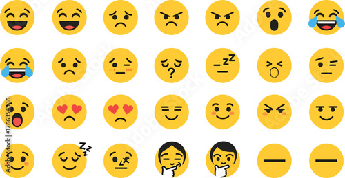 Collection of diverse yellow emoji faces expressing various emotions isolated on transparent background