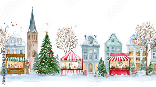 Charming winter village scene featuring snow-covered houses, a Christmas tree, and festive market stalls with holiday decorations