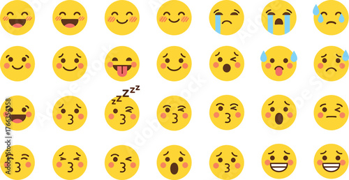 Collection of various yellow smiley face emojis expressing different emotions and reactions isolated on transparent background