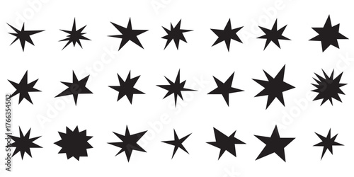 Sharp stars shapes set. Bright irregular sparks, colorful twinkles. Abstract edgy sparkle and stars elements pack. Asymmetry forms