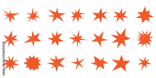 Sharp stars shapes set. Bright irregular sparks, colorful twinkles. Abstract edgy sparkle and stars elements pack. Asymmetry forms
