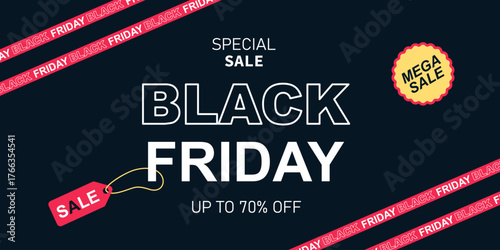 Black Friday horizontal web banner on black background with red Barrier tape in corners. Template, layout, poster and banner for sales, discounts, Black Friday, Cyber Monday, advertising, promotion