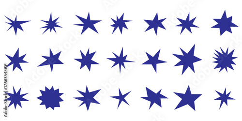 Sharp stars shapes set. Bright irregular sparks, colorful twinkles. Abstract edgy sparkle and stars elements pack. Asymmetry forms