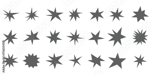 Sharp stars shapes set. Bright irregular sparks, colorful twinkles. Abstract edgy sparkle and stars elements pack. Asymmetry forms