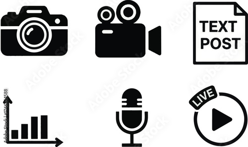 Media and Content Creation Icons Camera, Video, Text, Graphics, Microphone, and Live Play