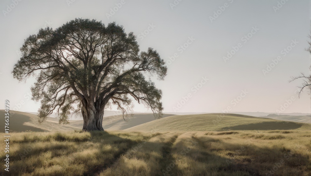 Fototapeta premium Solitary Tree Stands Proudly in Rolling Hills Landscape.