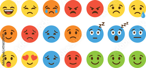 Collection of diverse cartoon emoji faces expressing various emotions and feelings isolated on transparent background