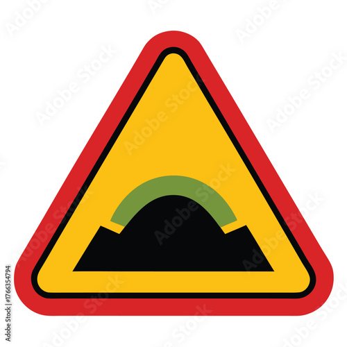 Warning sign for speed bump or uneven road surface ahead on yellow triangle background