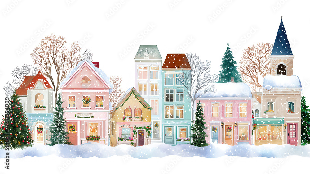 Fototapeta premium Colorful winter village scene with charming houses, snow-covered trees, and festive decorations under a snowy sky