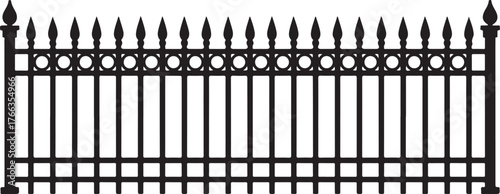 Ornate black metal fence with pointed finials and circular accents white