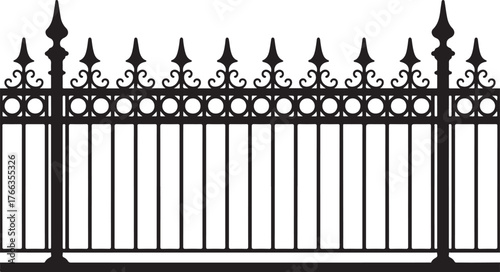Ornate black wrought iron fence with pointed finials and circular decorative elements metal