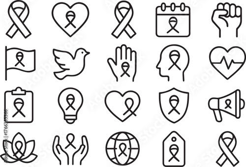 Outline icons depicting various symbols associated with awareness and support, isolated on white background