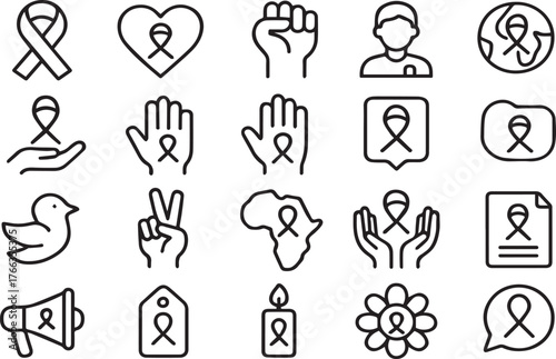 Line art icons representing various symbols of support and awareness, isolated on white background