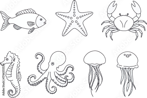 Detailed Vector Outlines of Various Sea Creatures Fish, Starfish, Crab, Octopus, Seahorse, and Jellyfish Illustrations