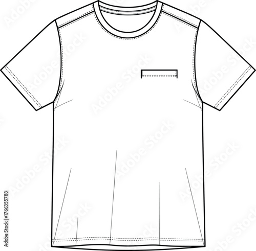 Technical fashion illustration, plain short sleeve T-shirt, round neckline, chest pocket design, garment construction sketch, apparel pattern, clothing drawing, sewing diagram