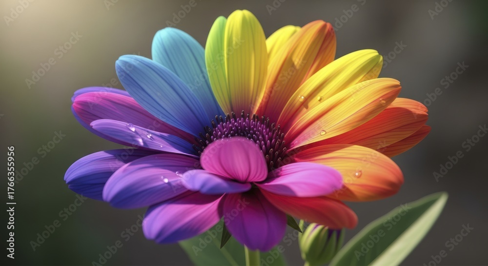 Fototapeta premium Vibrant Rainbow Flower Macro Close-up with Water Droplets, Showcasing Multi-Colored Petals Against a Softly Blurred Natural Background