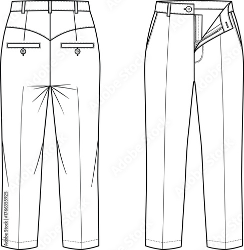 Technical fashion illustration, tailored trousers design, front and back view, garment construction, clothing pattern, apparel sketch, menswear pants, detailed sewing diagram