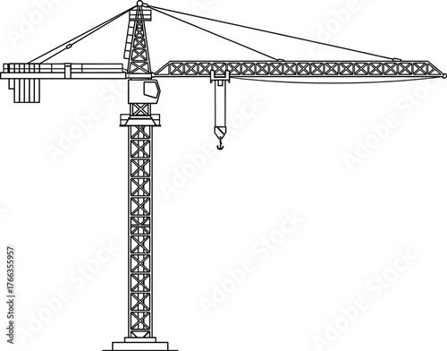 Tower Construction Crane Vector Illustration, Outline Line Art Icon Symbolizing Heavy Lifting, Building Progress, and Urban Development Architecture