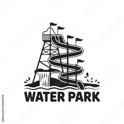 Black and white illustration of a tall water slide
