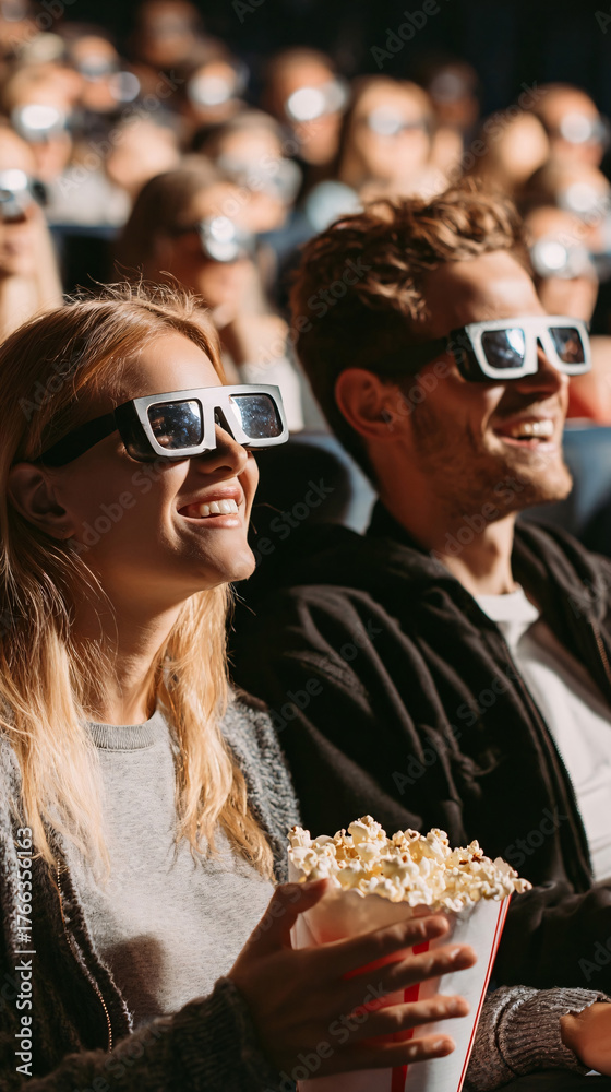 Obraz premium Cinema audience in dark theater watching film entertainment leisure movie experience