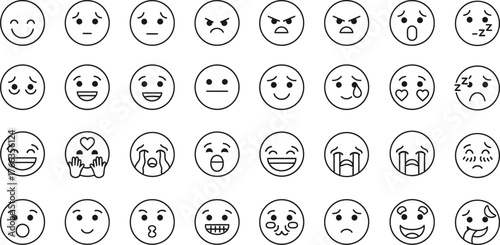 Collection of hand drawn cartoon emoji faces expressing a wide range of emotions isolated on transparent background