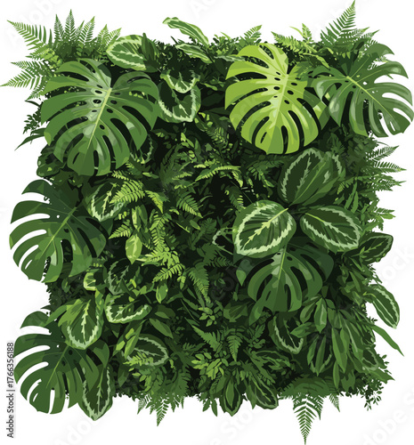 Vertical garden plants, lush green foliage wall, tropical leaves arrangement, botanical background, natural texture, urban gardening design, eco interior decoration, vibrant greenery