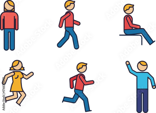 Set of stylized icons representing people in various poses and activities