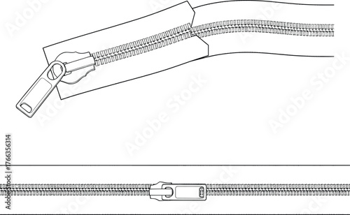 Zipper technical drawing, detailed slider mechanism, garment fastening design, clothing accessory illustration, textile engineering sketch, apparel construction diagram, product design element