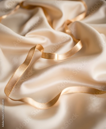 Elegant Cream Satin Fabric with Delicate Golden Ribbon Twists and Soft Drapery