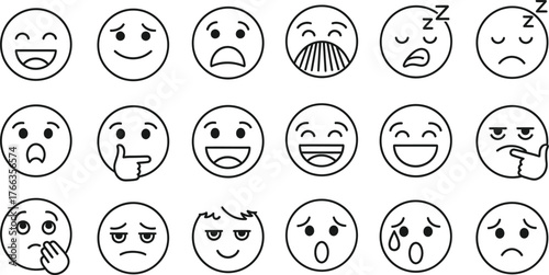 Collection of hand drawn emoji faces expressing various emotions isolated on transparent background