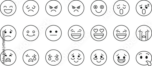 Collection of hand drawn outline emoji faces expressing various emotions and feelings isolated on transparent background