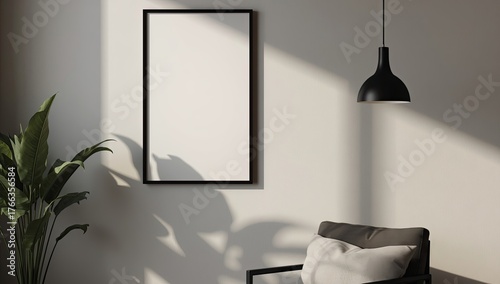Interior scene presents a wall with a blank picture frame, a green plant in the corner, and a modern black light fixture casting long shadows on the wall; 