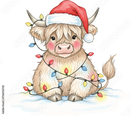 Watercolor Cute Highland Cow Wearing Christmas Hat and Lights Illustration