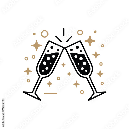Two champagne glasses clinking together with celebratory sparkles and confetti