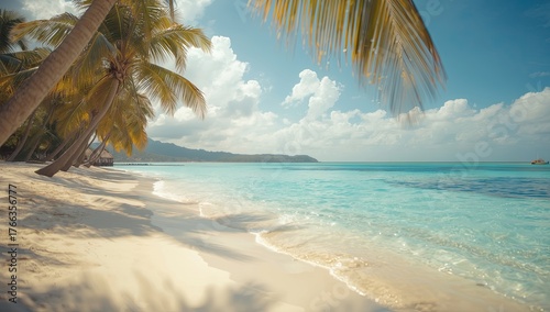 Fototapeta Naklejka Na Ścianę i Meble -  Lush palm trees grace a pristine white sand beach as the turquoise ocean meets a vibrant blue sky dotted with fluffy white clouds under the bright sunshine of a perfect day in paradise.