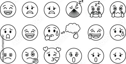 Collection of hand drawn emoji faces expressing various emotions isolated on transparent background