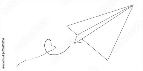 Minimalist line art illustration of a paper airplane with a heart-shaped flight trail, romantic minimalist artwork, simple elegant design concept