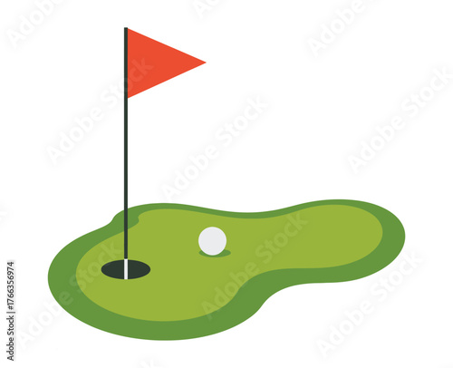 Golf ball on a green putting green with a flag and hole