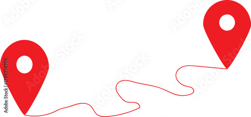 Route between two map pointer pins in red color on white background