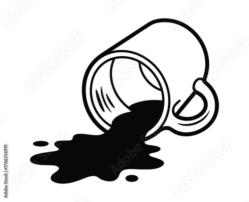 Black and white illustration of a spilled coffee mug with liquid splashing out onto a surface