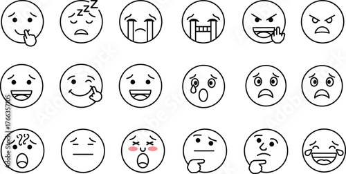 Collection of hand drawn outline emoji faces expressing various emotions isolated on transparent background