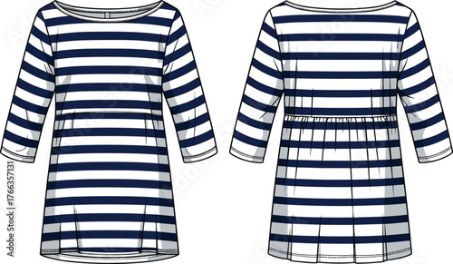 Women’s striped tunic dress front and back flat sketch, empire waistline, three quarter sleeve, casual fashion apparel design, garment construction illustration