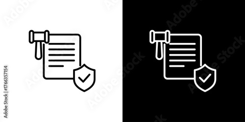 Clean line icon depicting legal protection, justice, and regulatory compliance with a gavel, secure document, and protective shield for business integrity