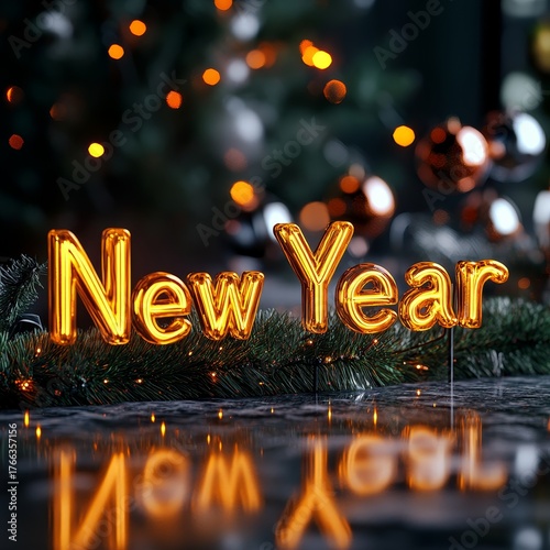 Sparkling golden New Year text gleams amidst festive holiday decorations and bokeh lights, perfect for celebrations and seasonal greetings