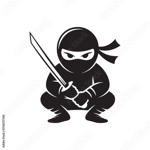 Cartoon ninja crouching with katana sword ready