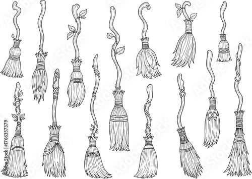 Collection of hand drawn vintage broomsticks in a vertical arrangement with intricate details and a whimsical feel
