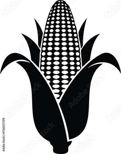 Vector art of black silhouette of an ear of corn with husk, representing harvest, agriculture, and the bounty of nature in a minimalist style