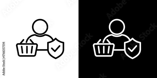 Secure shopping and buyer protection line icon with user, cart, and verified shield symbol for e-commerce transactions